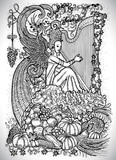 Fototapeta Pokój dzieciecy - September month graphic concept. Hand drawn engraved fantasy illustration. Beautiful musician queen with arpa 
