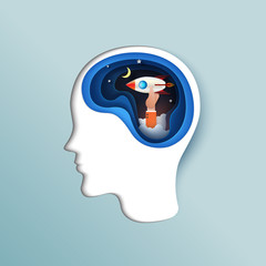 Poster - Human thinking business start up concept.Paper carve of brain with hand of businessman holding rocket ship paper art style.Vector illustration.