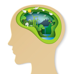 Poster - Think green creative idea concept.Human head thinking about green eco city and environment conservation paper art style.Vector illustration.