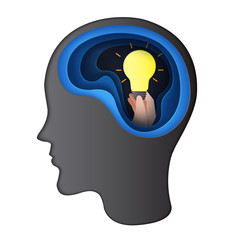 Poster - Giving idea to human brain concept.Paper carve of human head with getting idea from light bulb paper art style.Vector illustration.