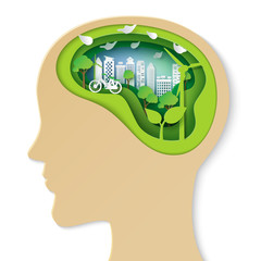 Poster - Think green creative idea concept.Human head thinking about nature and environment conservation paper art style.Vector illustration.