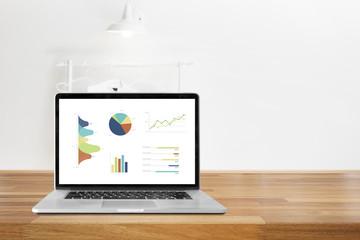 Poster - Laptop on wooden table showing charts and graph against office background ,Analysis Business Accounting, Statistics Concept.