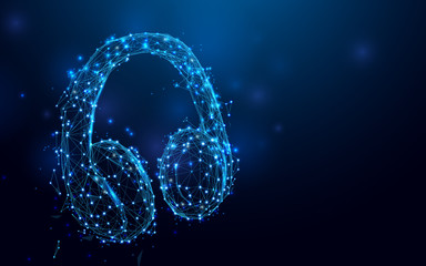 Aufkleber - Headphone from lines and triangles, point connecting network on blue background. Illustration vector