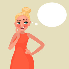 Wall Mural - Woman thinks. A good idea and a speech bubble. Vector illustration in cartoon style