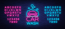 Car Wash Logo Vector Design In Neon Style Vector Illustration Isolated. Template, Concept, Luminous Signboard Icon On A Car Wash Theme. Luminous Banner. Editing Text Neon Sign. Neon Alphabet