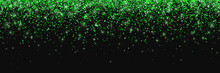 Green Glitter On Black Background, Falling Particles, Wide Horizontal. Vector