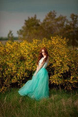 Wall Mural - beautiful young girl with red hair in a lavish dress walking in the nature with flowers