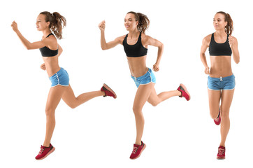 Wall Mural - Collage with running woman on white background