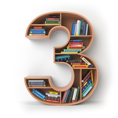 Poster - Number 3 three. Alphabet in the form of shelves with books isolated on white.