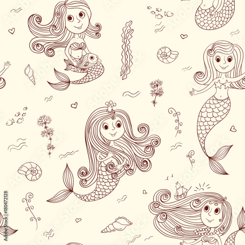 Materiał do szycia Doodle syreny wzór bezszwowe brązowy