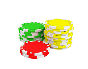 Poster - 3d rendering of three stacks of gambling chips in green, yellow and red colors on a white background