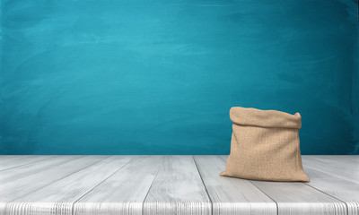 Wall Mural - 3d rendering of an open money bag made of hessian cloth with no markings standing on a wooden desk on blue background.