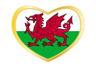 Canvas Print - Flag of Wales in heart shape, golden frame