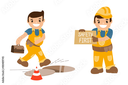 picture Cartoon Character Safety First Cartoon Images falling in the open manhole smiled