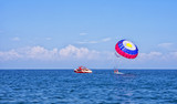 Fototapeta  - Parasiliors take off. The active and extreme form of relaxation. Kemer, Turkey