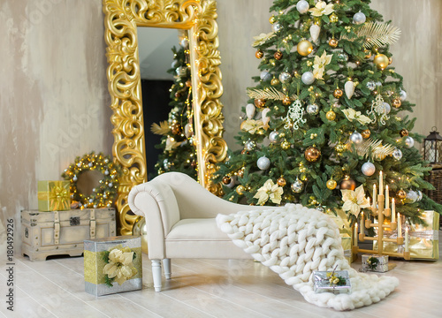 Christmas Xmas Casual Gold Studio Decorations With Cute Girl And Christmas Xmas Casual Gold Studio Decorations With Cute Girl And Huge Mirror Golden Frame Plenty