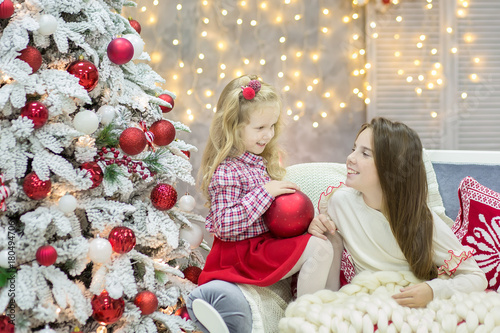 Christmas Xmas Casual Gold Studio Decorations With Cute Girl And Christmas Xmas Casual Gold Studio Decorations With Cute Girl And Huge Mirror Golden Frame Plenty
