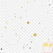 Abstract pattern of random falling gold and silver stars on transparent  background. Glitter pattern for banner, greeting card, Christmas and New Year card, invitation, postcard, paper packaging. 