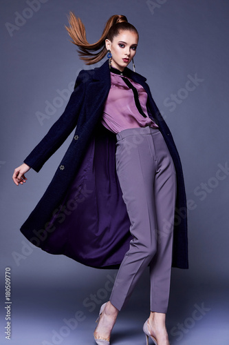 Beautiful Sexy Business Woman Wear Black Wool Coat Silk Blouse And Pants Style For Office Dress Beautiful Sexy Business Woman Wear Black Wool Coat Silk Blouse And Pants Style For Office Dress