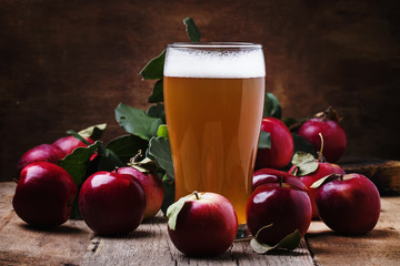 Wall Mural - Apple Cider In Large Glass, Vintage Wooden Background, Selective Focus