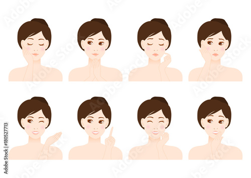 女性 美容 イラスト 顔と手 表情バリエーション Stock Vector Adobe Stock