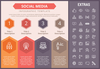 Poster - Social media infographic timeline template, elements and icons. Infograph includes numbered options, line icon set with social media, global network, electronic mail, internet technology, thumb up etc