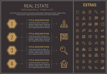 Real Estate Infographic Timeline Template, Elements And Icons. Infograph Includes Numbered Options, Line Icon Set With Real Estate Agent, Architecture Engineering, Investment Broker, Realtor Etc.