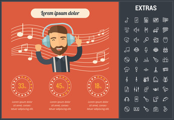 Sticker - Music infographic template, elements and icons. Infograph includes customizable graphs, charts, line icon set with musical instruments, music notes, microphone, smartphone with mobile application etc.