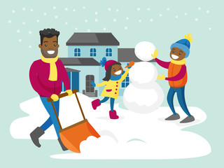 Sticker - Young african-american father removing snow with a shovel in the yard while his son and daughter playing in the snow and making a snowman on snowy winter day. Vector isolated cartoon illustration.