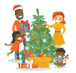 Canvas Print - Young happy multiethnic family decorating the Christmas tree