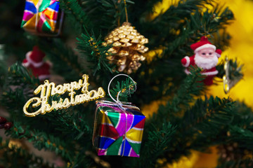 Wall Mural - Merry Christmas text sign ornament attached on Xmas tree - selective focus.