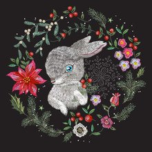 Embroidery Christmas Pattern With Flowers, Pine And Hare. Vector Embroidered New Year Floral Elements For Design.