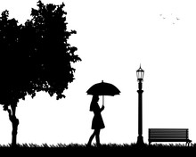Young Woman Walking Under The Umbrella In Park In Autumn Or Fall, One In The Series Of Similar Images Silhouette
