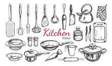 Kitchen Utensil, Tools Set. Cooking Collection. Vector Hand Drawn Illustrations In Sketch Style. Isolated Objects On White