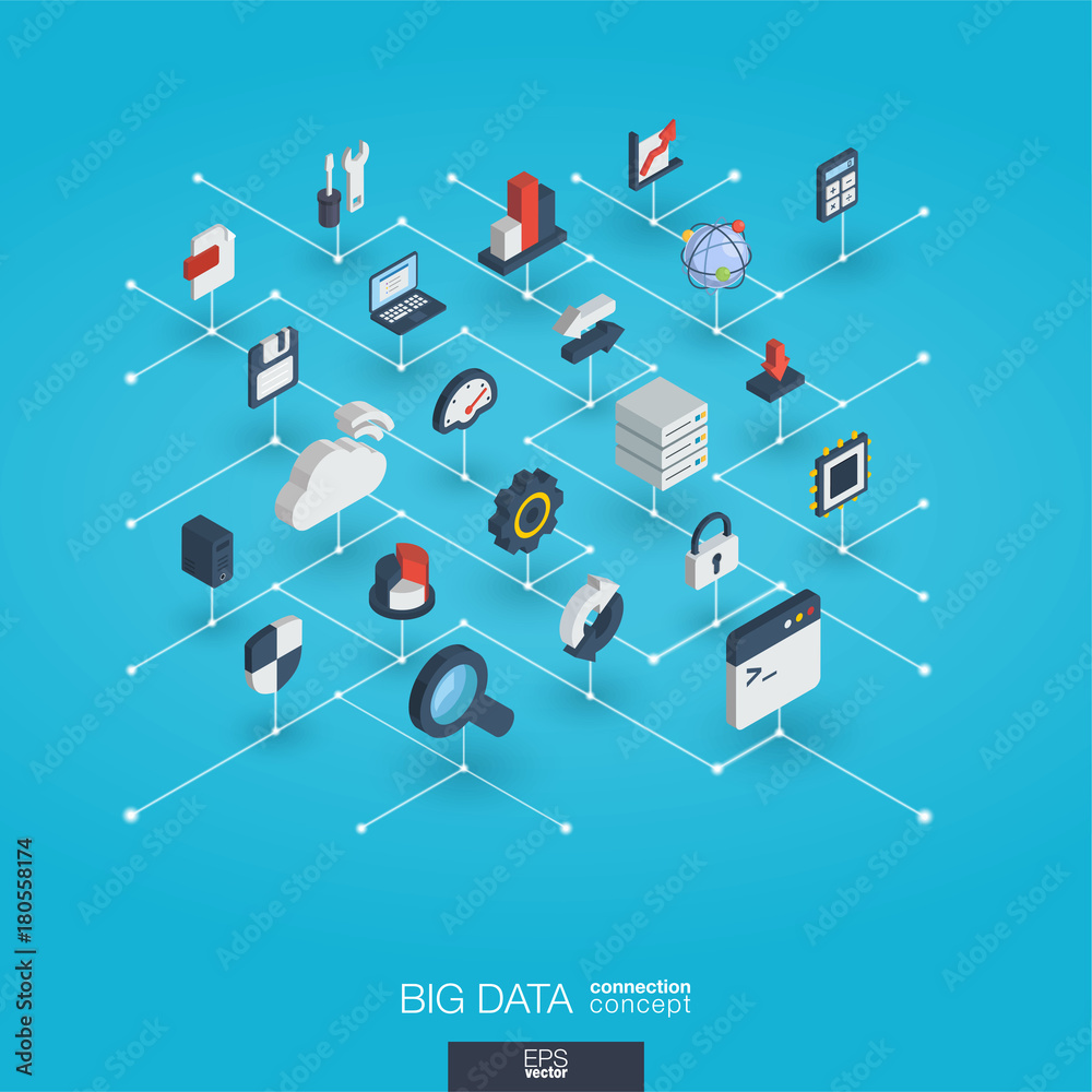 Bigdata integrated 3d web icons. Digital network isometric interact ...