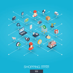 Wall Mural - Shopping integrated 3d web icons. Digital network isometric interact concept. Connected graphic design dot and line system. Abstract background for ecommerce, market and online sales. Vector Infograph