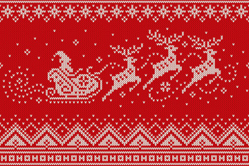 Wall Mural - Santa Claus Rides Reindeer Sleigh Silhouette. Christmas Seamless Knitted Pattern. Knitting Wool Sweater Design