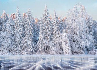 Wall Mural - Blue ice and cracks on the surface of the ice. Frozen lake under a blue sky in the winter. The hills of pines. Winter. Carpathian, Ukraine, Europe