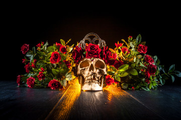 Skull in the style of the Cult of Santa Muerte. Skull in flowers.