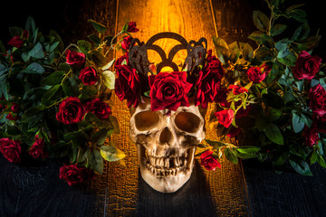 Cult of Santa Muerte. Skull in roses. Mexican cult.