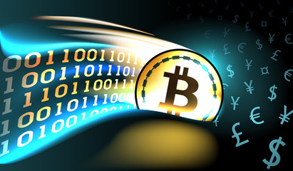 Poster - golden crypto currency bitcoin with glowing binary trail opens the era of digital money, well organi