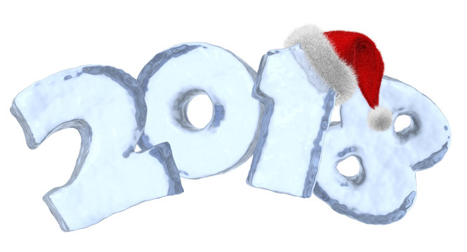 New Year 2018 blue ice text with red hat