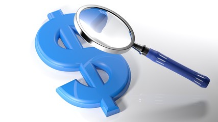 Poster - A magnifier is over the symbol of the american dollar laying on a white surface - 3D rendering