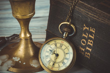 Pocket Watch Candle And Holy Bible