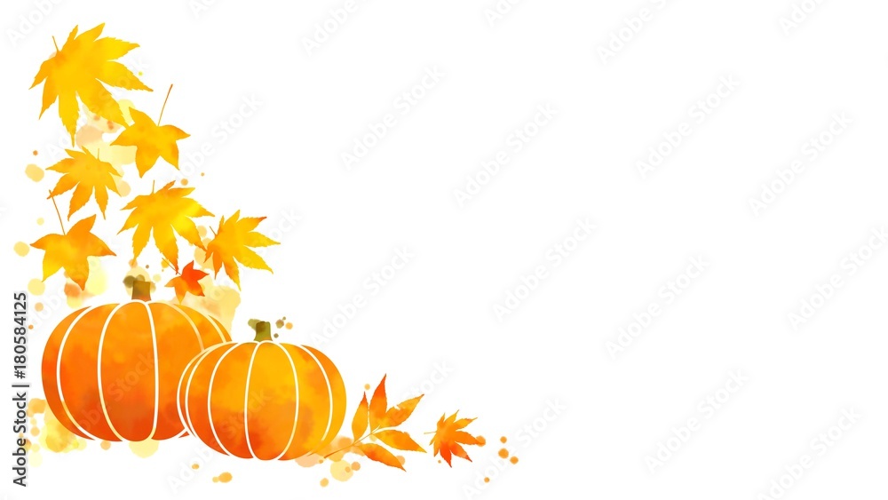 Corner frame of vivid yellow and orange autumn leaves and pumpkins on ...