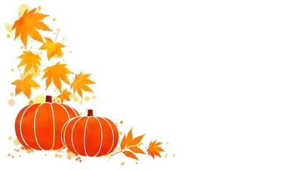 Wall Mural - Corner border of orange and red autumn leaves and pumpkin on abstract watercolor paint spots with copy space white background. Digital art painting for thanksgiving or fall season design.