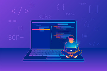Wall Mural - Man sitting on the big laptop and working. Gradient line vector illustration of young programmer coding a new project using computer on violet background with code symbols and signs