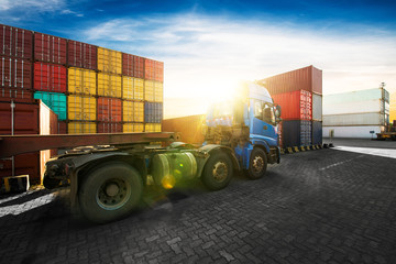 Loading and unloading of containers in the port on a bright sunny day