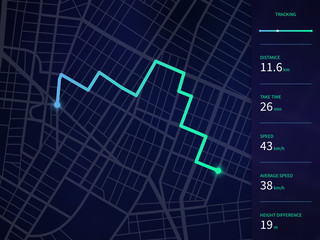Poster - vector city map with route and data interface for gps navigation and tracker app