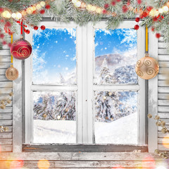 Wall Mural - Christmas old white window with decorations.